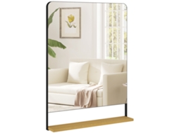 Espelho De Parede 80 X 60 Cm Com Prateleira De Madeira, Espelho Retangular Moderno Com Moldura De Metal, Preto