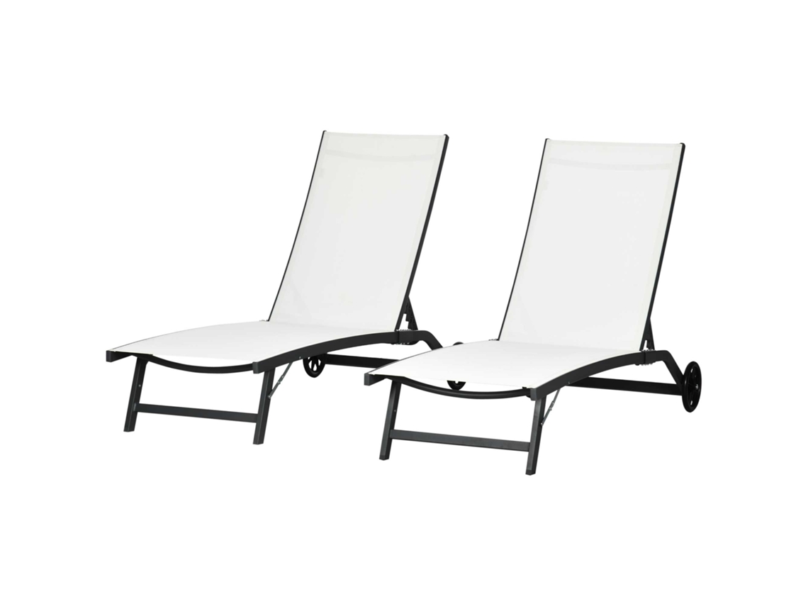 Conjunto de 2 Espreguiçadeiras Reclináveis de Jardim em Alumínio com Encosto Ajustável e Rodas (165x66x102 cm) Branco Fosco