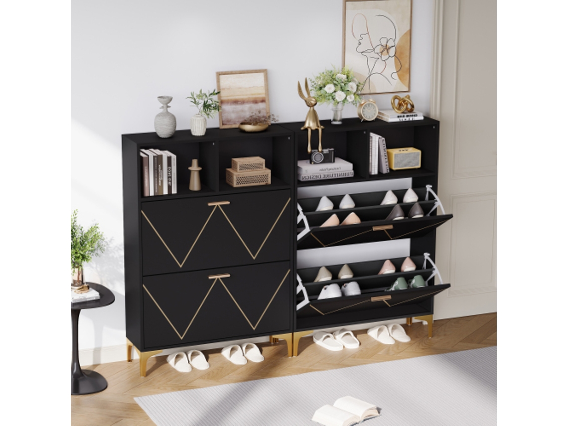 Sapateira LYYTUNG com 4 portas basculantes, 8 compartimentos, 4 nichos semiabertos, aparador, MDF e metal, design com pés elevados.
