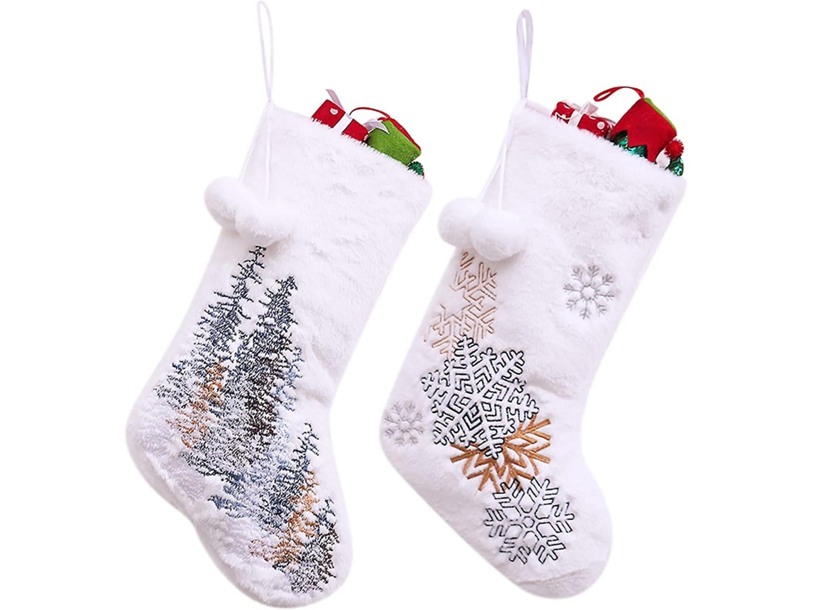 Meias De Natal Brancas, Pacote Com 2, 18 Meias De Natal Grandes Com Punhos De Pelúcia De Pele Sintética E Pompons, Supermacias Gigantes Olysi Shop