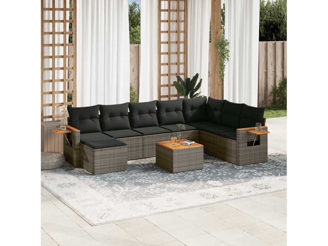 Vidaxl 9 Pcs Conjunto Sofás P/ Jardim Com Almofadões Vime Pe Cinzento