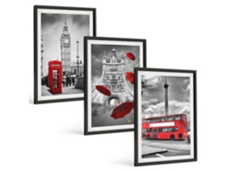 Conjunto De Pinturas Guarda-chuva Vermelho, Barraca E Ônibus Em Londres Espelharte (3 Peças 40x60 Cm)