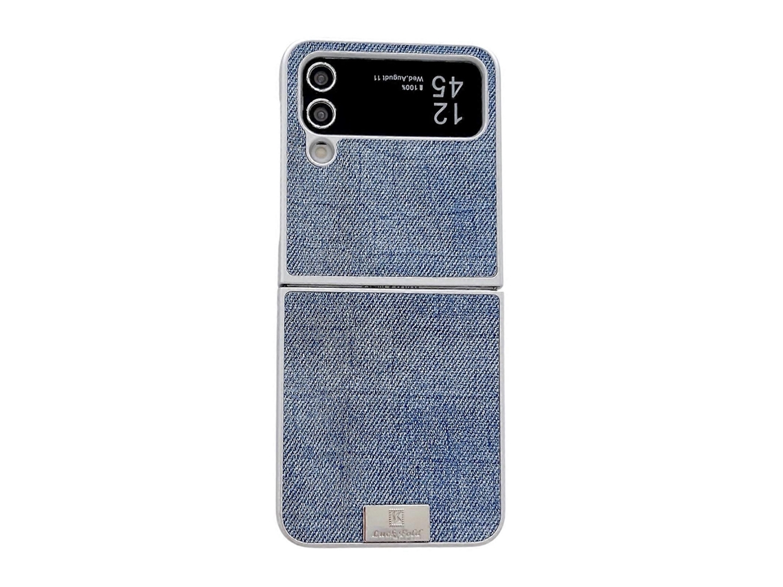 Capa Para Celular Samsung Galaxy Z Flip4 5g Em Pu + Pc Com Moldura Prateada E Acabamento Em Jeans.