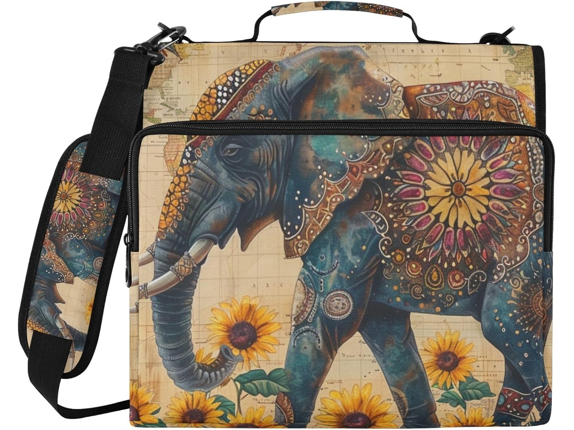 Pasta De 3 Argolas 1, 5 Polegadas Com Design Boho Retrô De Elefante E Girassol, Com Alça E Vários Bolsos Organizador De