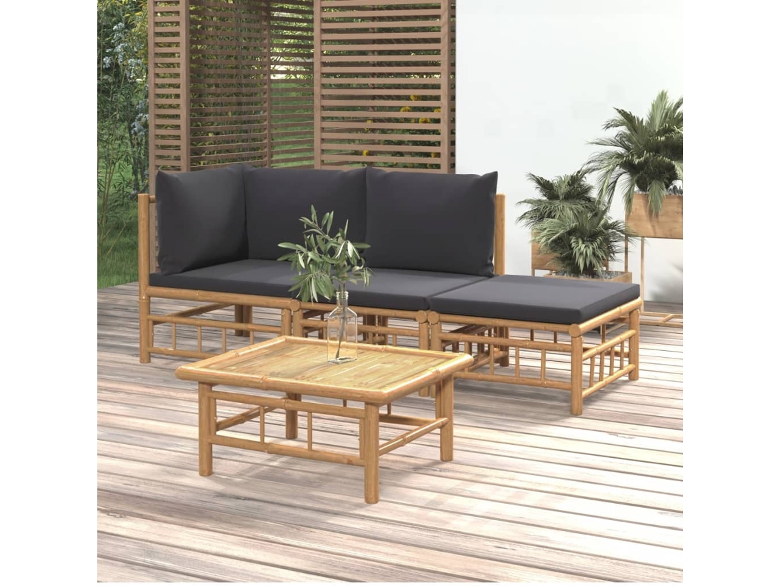 Vidaxl 4pcs Conj. Lounge De Jardim Bambu C/ Almofadões Cinzento-escuro