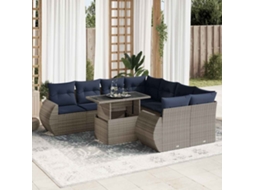 Vidaxl 9 Pcs Conjunto Sofás Jardim Almofadões Vime Pe/acácia Cinzento