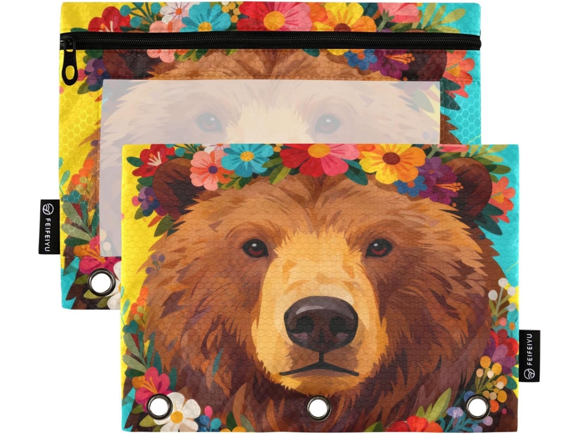 Pastas Com Estampa De Urso Marrom E Coroas, Fichário Com Argolas E Janela Transparente Em Várias Cores, 3 Lápis