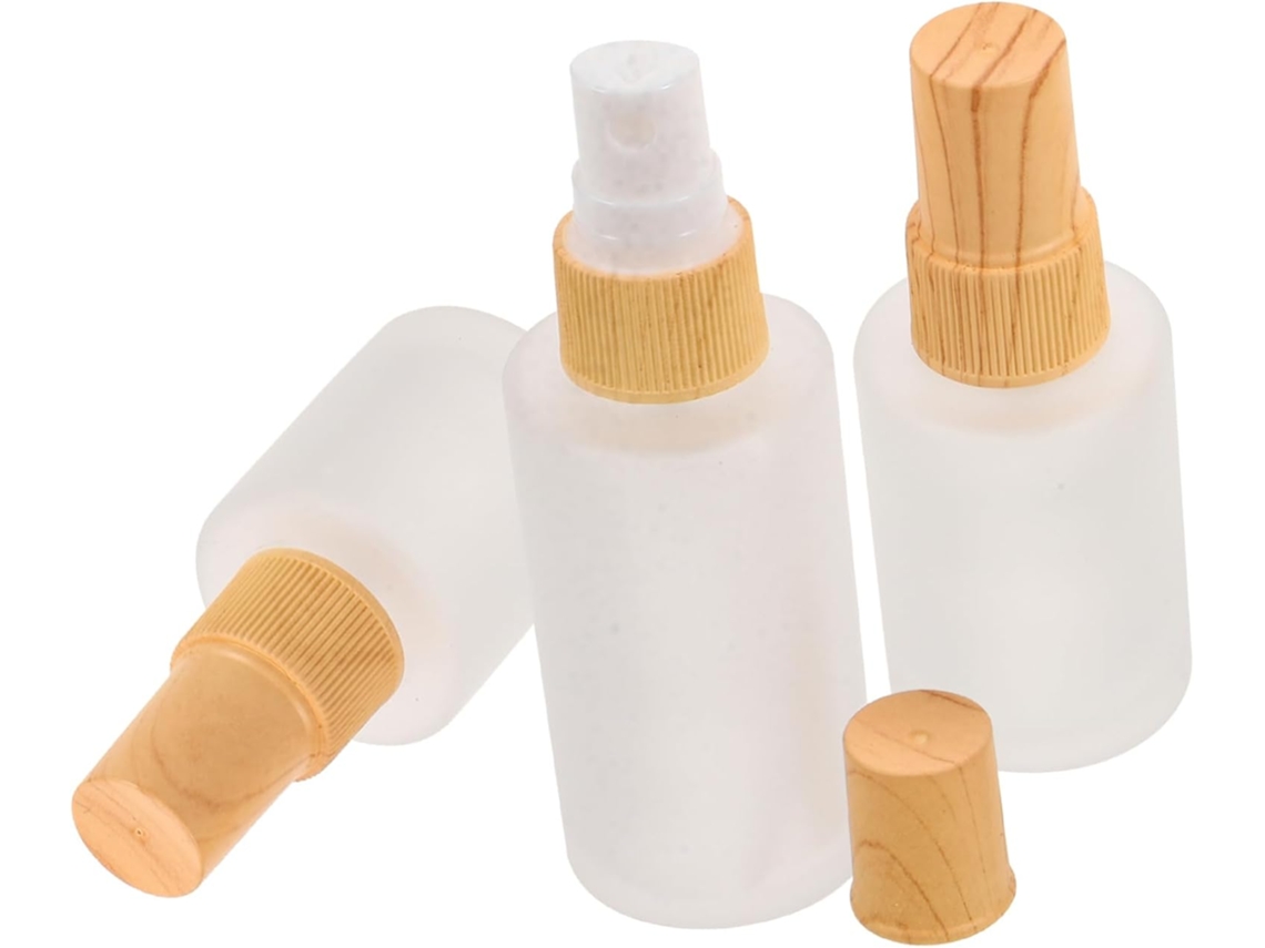 Conjunto De 3 Frascos De Vidro Com Spray E Tampas Com Efeito Madeira