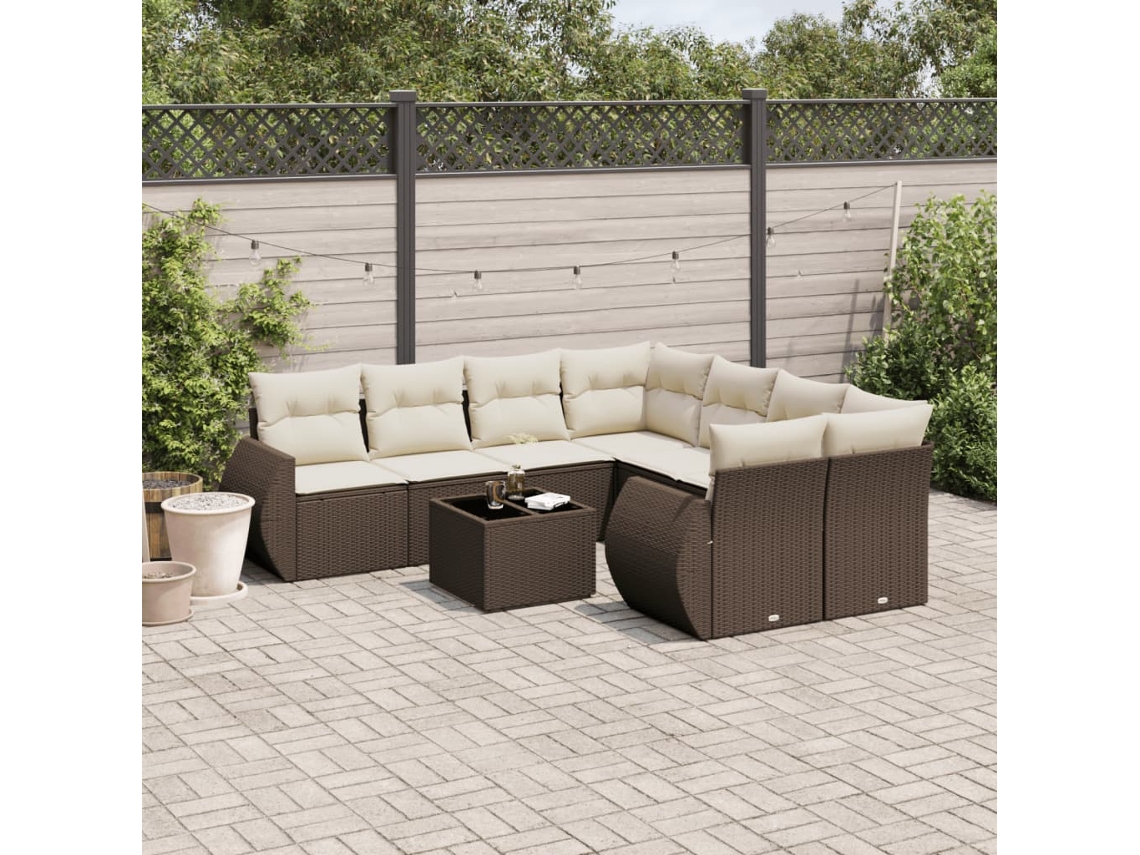 Vidaxl 9 Pcs Conjunto Sofás P/ Jardim C/ Almofadões Vime Pe Castanho
