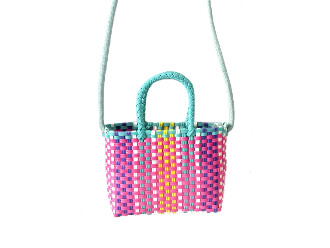 Sacola Tecida Quadrada com Alça de Fita Plástica Colorida Cute para Verão Praia Verde e Rosa Vermelha