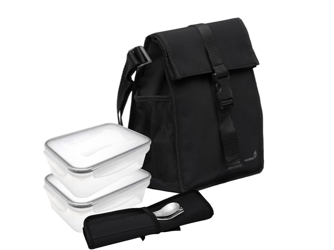 Set Lancheira Square Preto 2 Caixas de 500 Ml e Talheres SMARTLUNCH