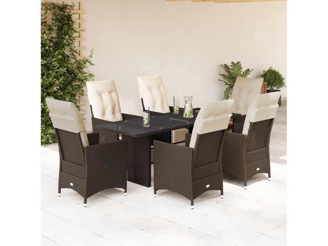 Vidaxl 7 Pcs Conjunto Bistrô De Jardim C/ Almofadões Vime Pe Castanho