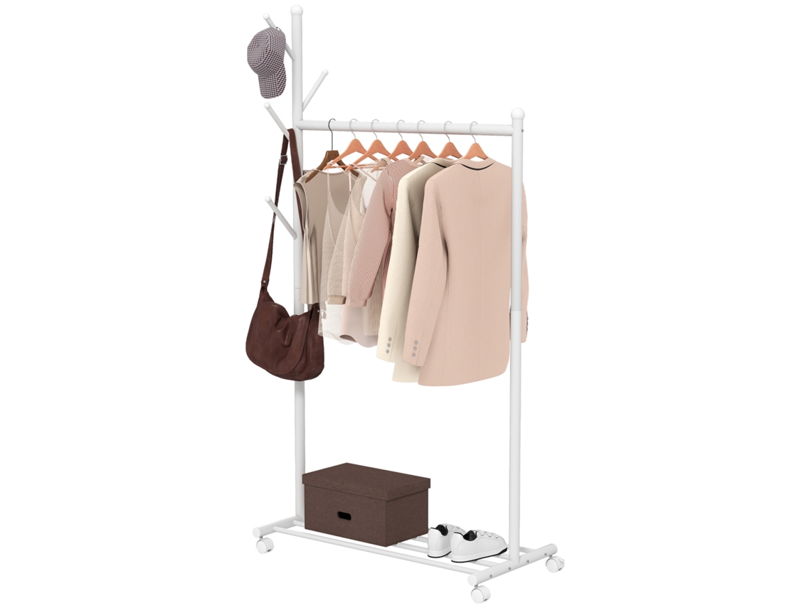Charriot Com Rodas 5 Ganchos Barra Para Pendurar E Prateleira Inferior 86x43x171 Cm Branco