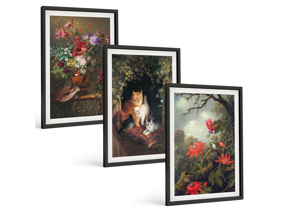 Composição De Quadros Flores Vintage, Gatos, Natureza Moldura Preta Fotos Para O Escritório Espelharte (3 Piezas De 40x60 Cm)