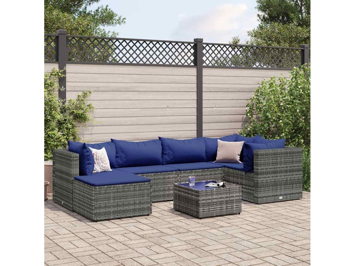 7 Pcs Conjunto Lounge De Jardim C/ Almofadões Vime Pe Cinza Dkd Home Decor