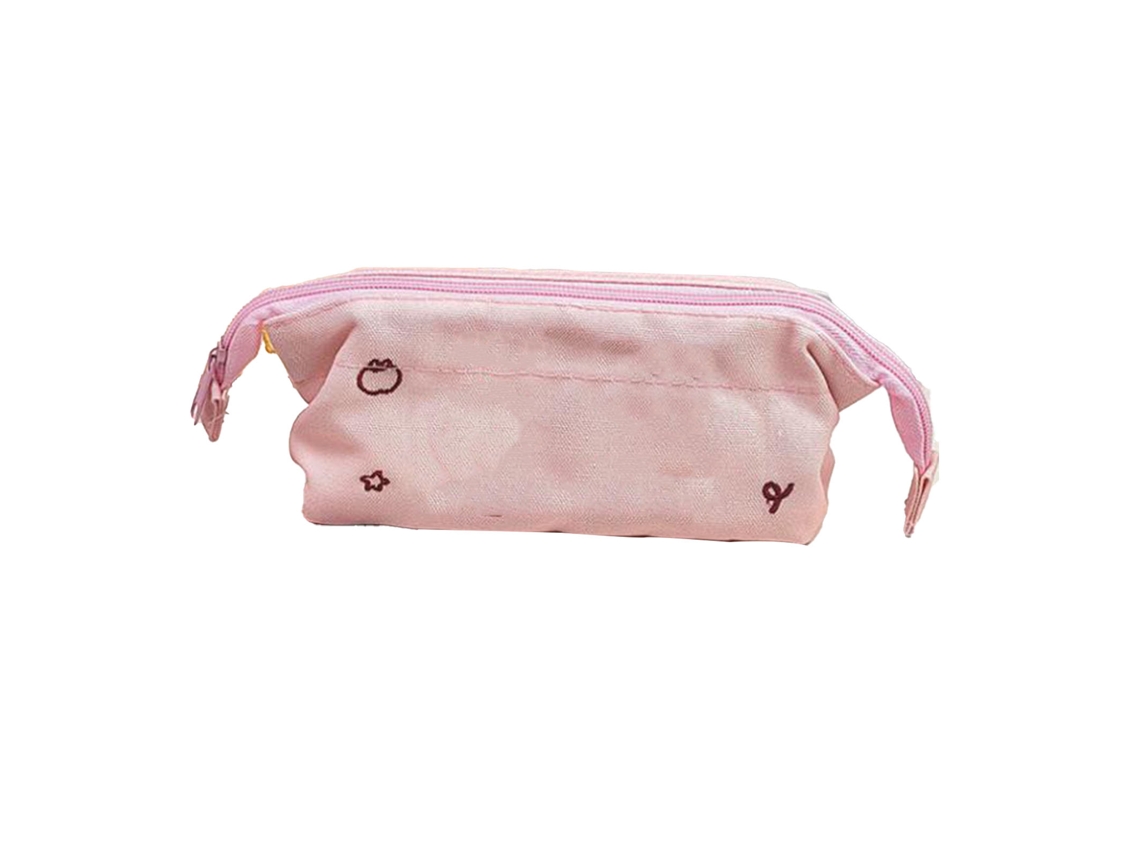 Estojo de lápis grande com bordado de desenho animado para estudantes, tecido rosa.