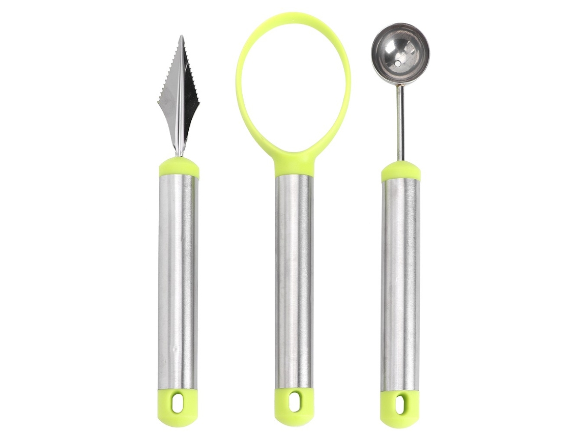 Conjunto De Ferramentas Escultura Frutas 3 Peças, Colher Melancia, Melão, Removedor Núcleo, Verde/prata