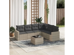 Vidaxl 7 Pcs Conj. Sofás Jardim Com Almofadões Vime Pe Cinzento-claro