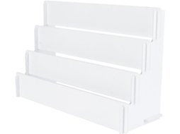 Soporte Trapezoidal en Acrílico Transparente, 4 Niveles, Dimensiones 30x19x105 cm, Blanco, Multisoporte