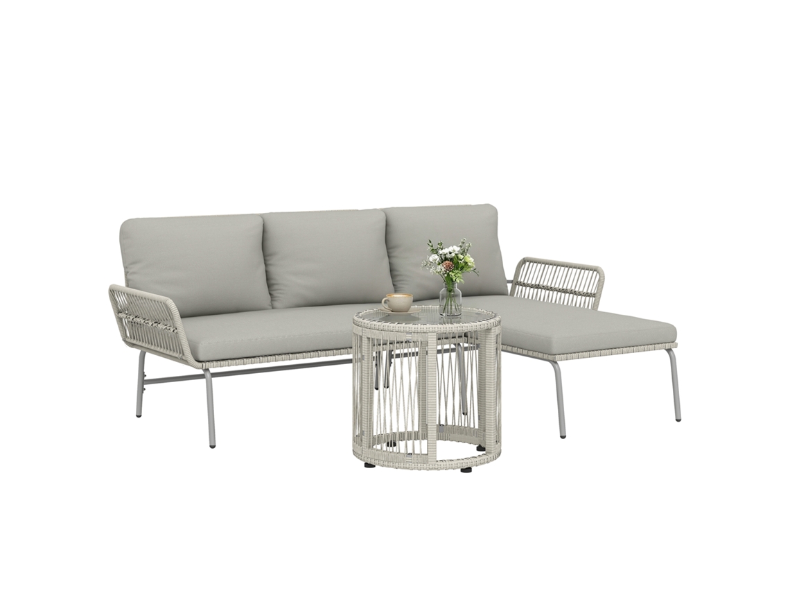 Conjunto Polirratã 3 Peças ZENCORE SERVICES com Lounge Chaise Longue Sofá 2 lugares Mesa Vidro Almofadas