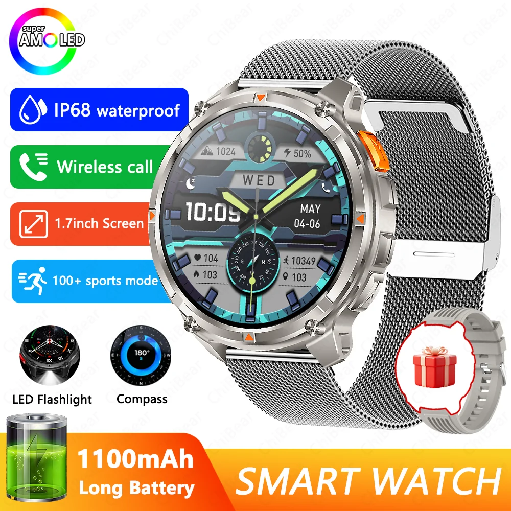 (pulseira De Malha Prateada) Smartwatch Com Gps, À Prova D'água, Chamadas Bluetooth E Tela Grande De 1,7 Polegadas.