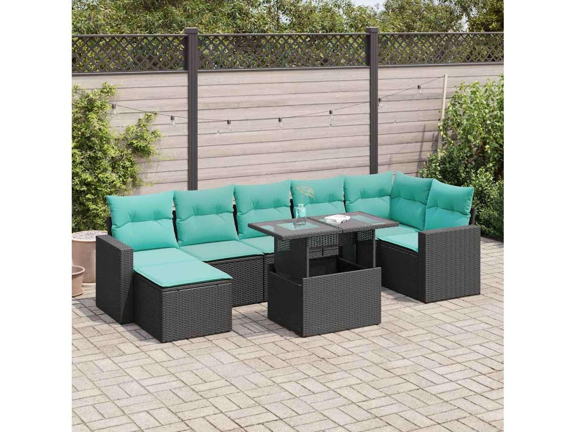 Vidaxl 8 Pcs Conjunto Sofás Jardim C/ Almofadões Vime Pe/acácia Preto
