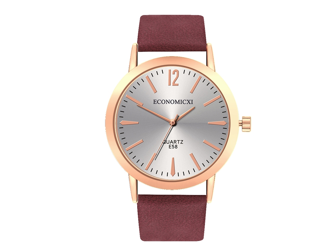 Relógio de pulso feminino simples em couro, estilo casual e moderno, com mostrador em couro roxo.