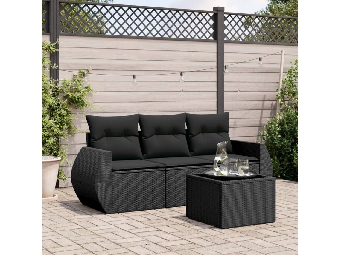 Vidaxl 4 Pcs Conjunto De Sofás Para Jardim C/ Almofadões Vime Pe Preto