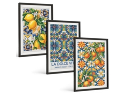 Conjunto De Pinturas Limões, Flores, Laranjas, Padrões Moldura Preta Quadros Para A Sala De Estar Espelharte (3 Piezas De 40x60 Cm)