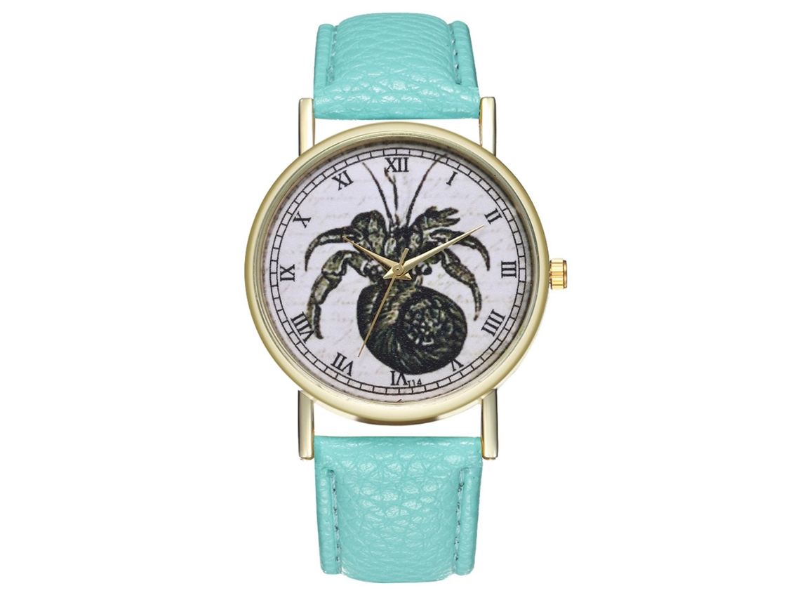 Relógio feminino de quartzo com pulseira de couro sintético, mostrador redondo grande, azul claro.