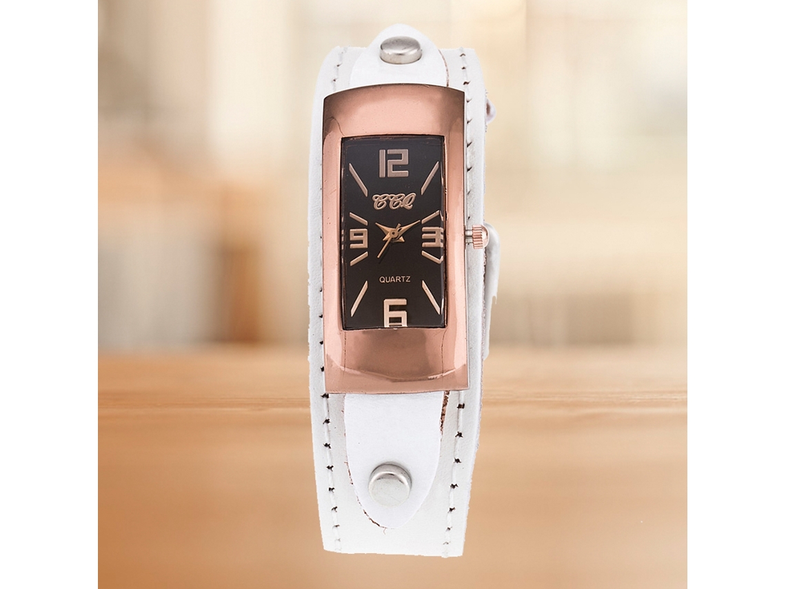 Relógio de Pulso Ccq Masculino Retangular Estilo Retro Pulseira Pu Quartzo Branco