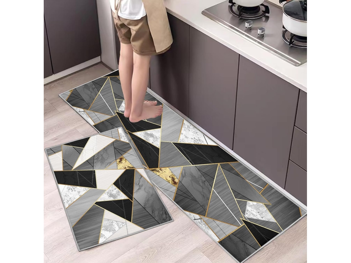 Conjunto de 2 tapetes de cozinha antiderrapantes e à prova de poeira para uso interno (cinza geométrico, 40 x 60 + 40 x 120 cm)