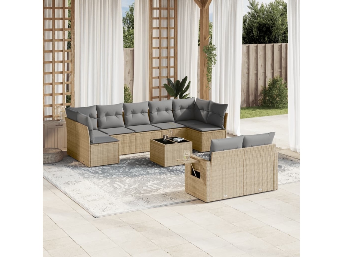 Vidaxl 10 Pcs Conjunto De Sofás P/ Jardim Com Almofadões Vime Pe Bege