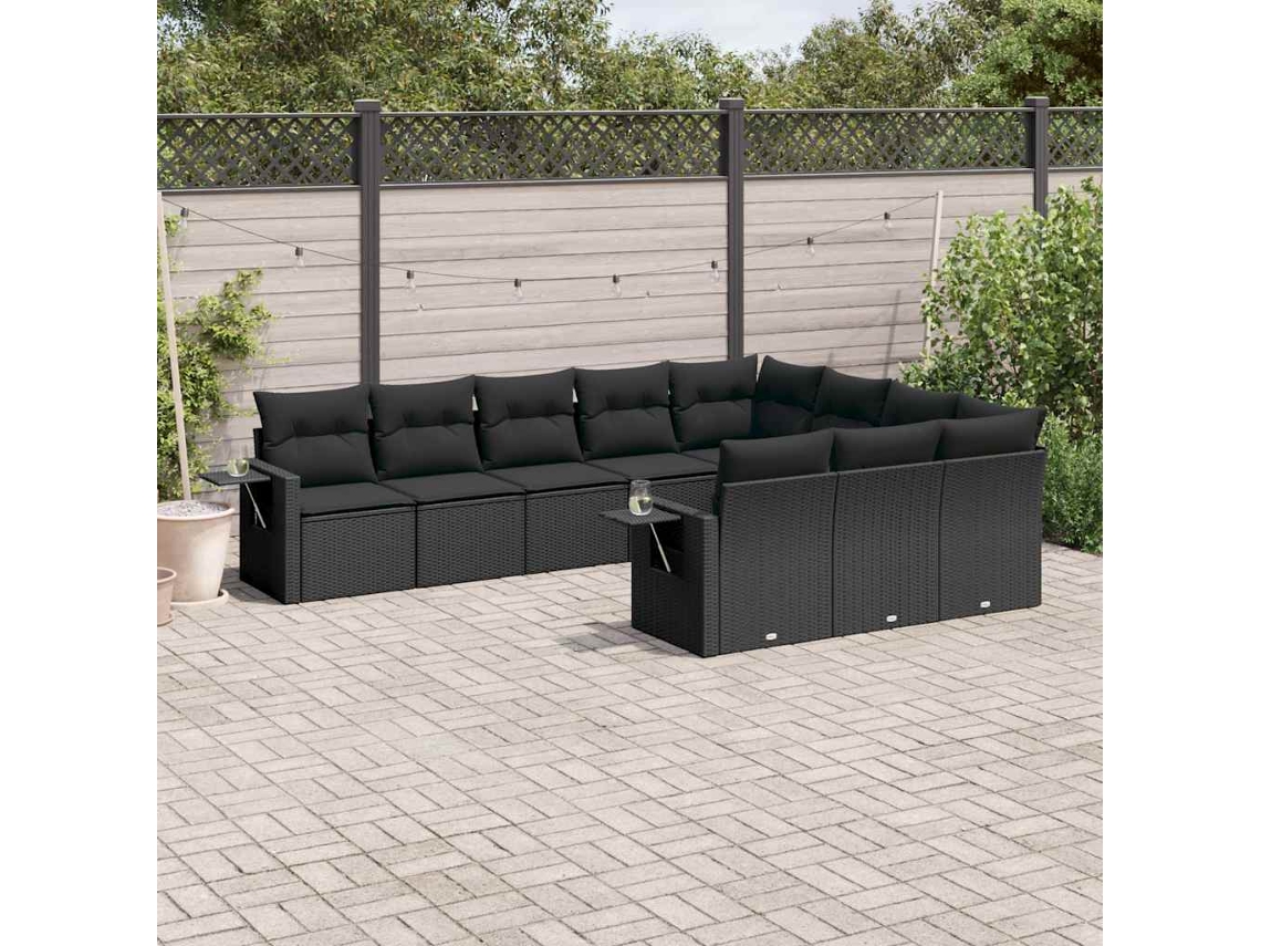 Vidaxl 10 Pcs Conjunto Sofás De Jardim C/ Almofadões Vime Pe Preto
