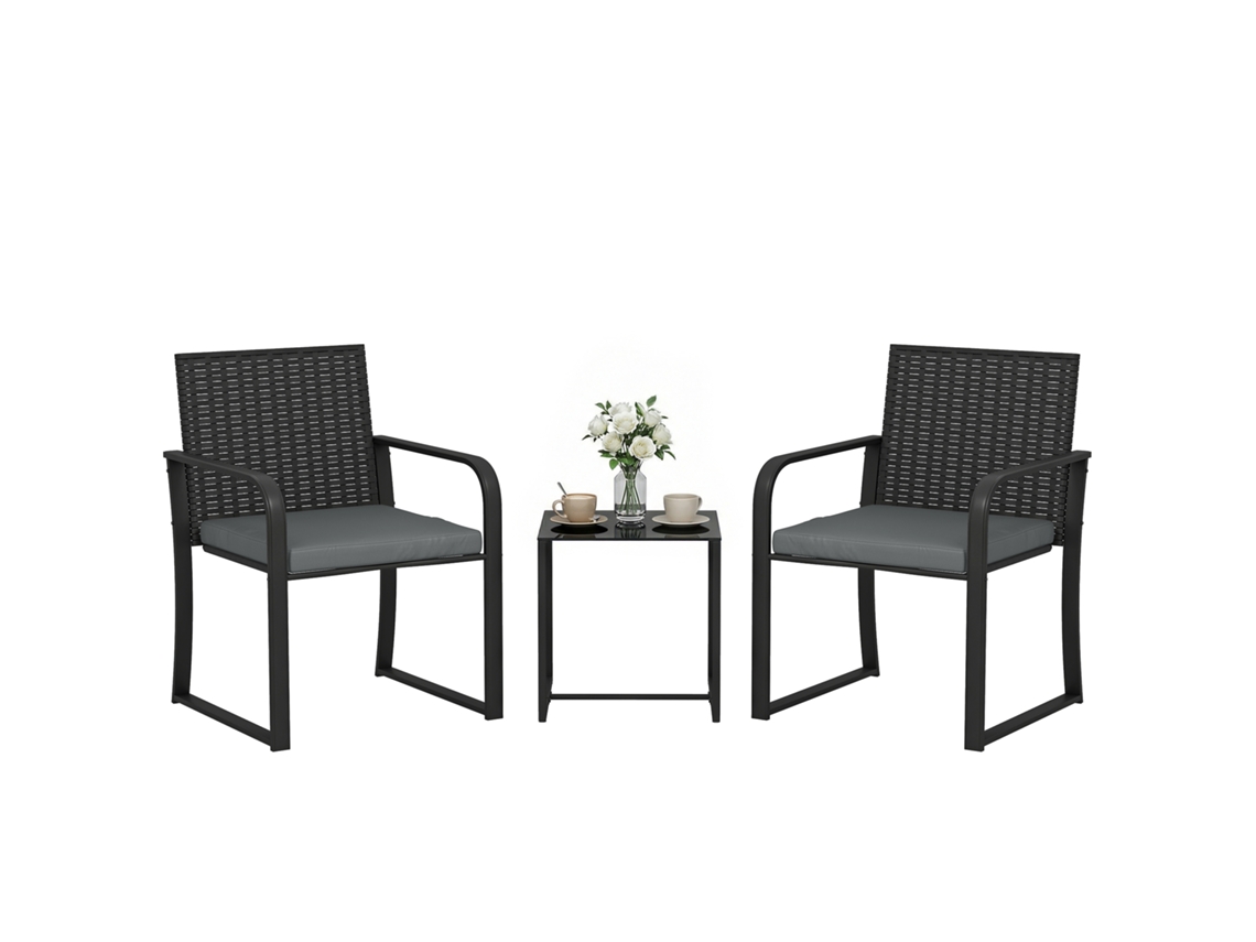 Conjunto de jardim em rattan sintético com 2 poltronas, sofá 2 lugares, mesa central, almofadas, creme QINGYU TECH