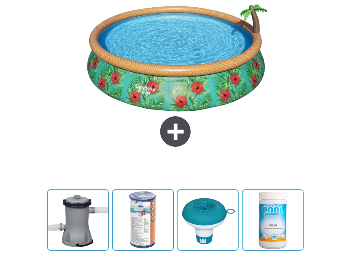 Piscina Inflável Redonda BESTWAY Fast Set Paradise Print 457 X 84 Cm Inclui Bomba Filtro Flutuador de Cloro Cloro