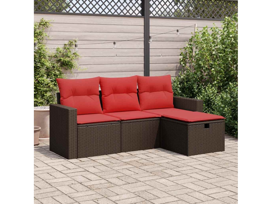 Vidaxl 4 Pcs Conjunto Sofás De Jardim C/ Almofadões Vime Pe Castanho