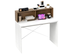Mesa De Computador Moderna Com Tampo Elevado E 2 Prateleiras, Em Aglomerado, 110x50x102,6 Cm, Branca, Marrom E Nogueira.