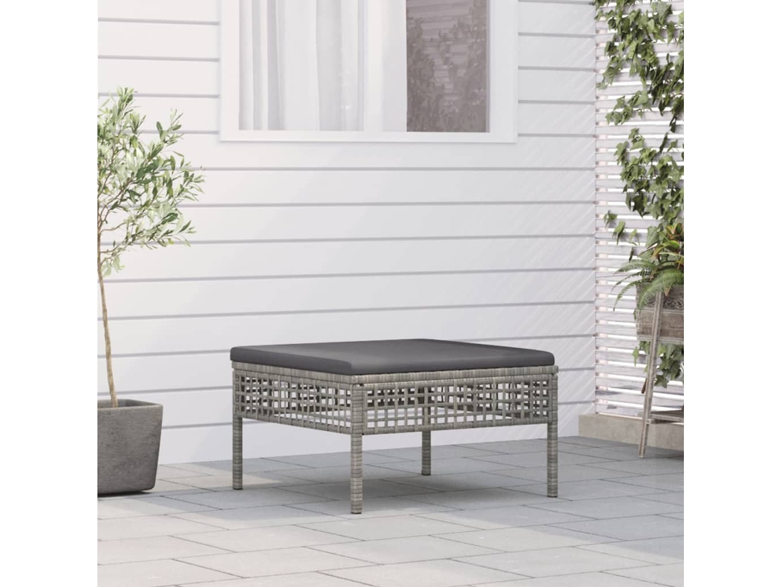 Vidaxl Apoio De Pés Para Jardim Com Almofadão Vime Pe Cinzento