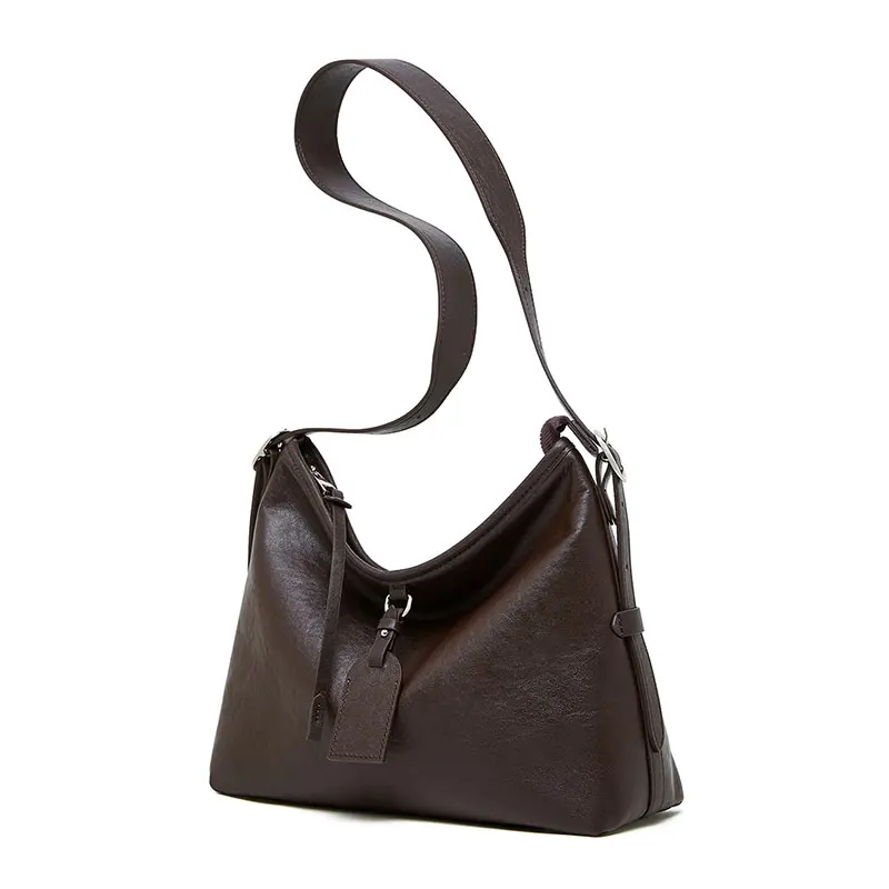 (2869-café) Nova Bolsa Transversal Feminina De Grande Capacidade Em Couro Bovino Curtido Vegetal