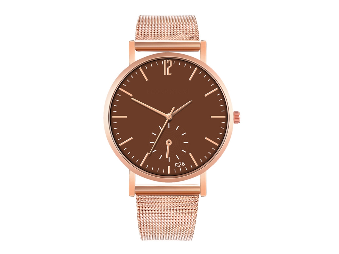 Relógio de quartzo para casal, estilo casual, com pulseira de malha marrom e detalhes em ouro rosa.