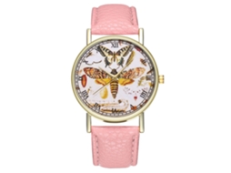 Relógio de pulso feminino Zhoulianfa T303-a com mecanismo de quartzo e pulseira de couro, modelo Butterfly Pink.