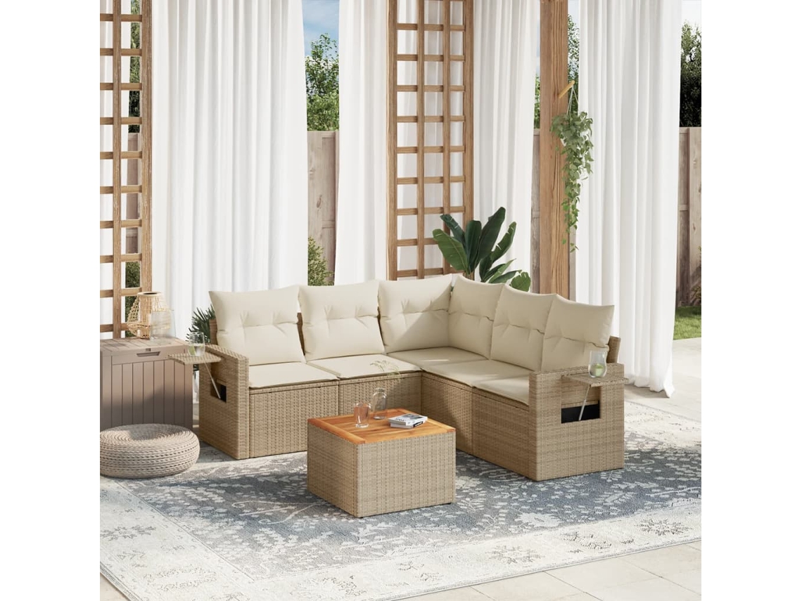 Vidaxl 6 Pcs Conjunto De Sofás P/ Jardim Com Almofadões Vime Pe Bege