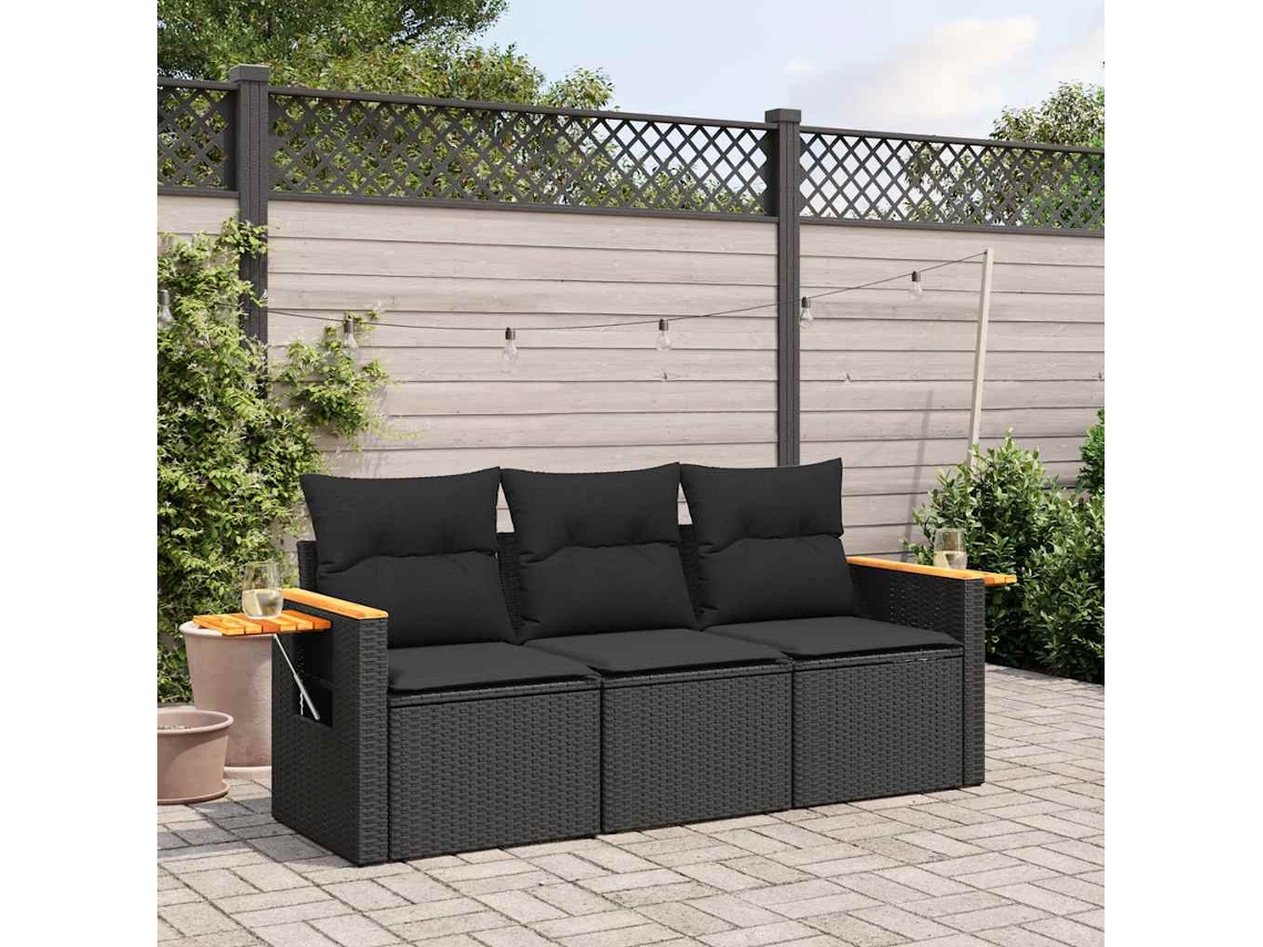 Vidaxl 3 Pcs Conjunto Sofás De Jardim Com Almofadões Vime Pe Preto