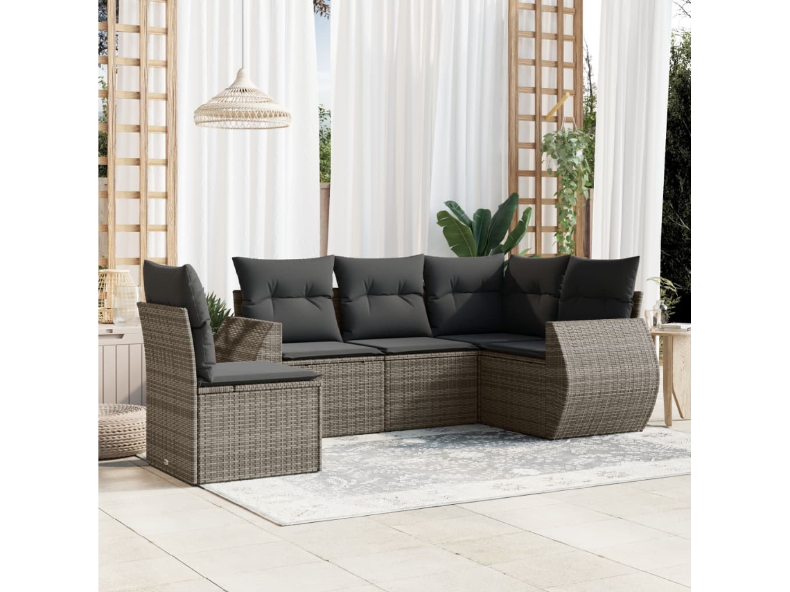 Vidaxl 5 Pcs Conjunto Sofás De Jardim C/ Almofadões Vime Pe Cinzento