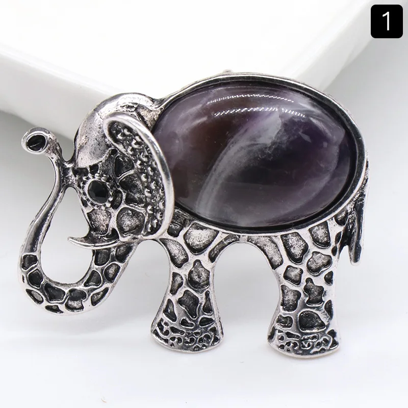 Colar com Pingente de Elefante em Pedra de Cristal Natural , Broche Vintage de Elefante. MDUG (ametista)
