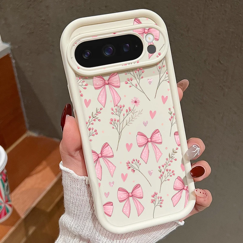Capa Para Celular Google Pixel 8 Pro (branca) Com Estampa De Laço Rosa E Flores, Capa Macia À Prova De Choque.