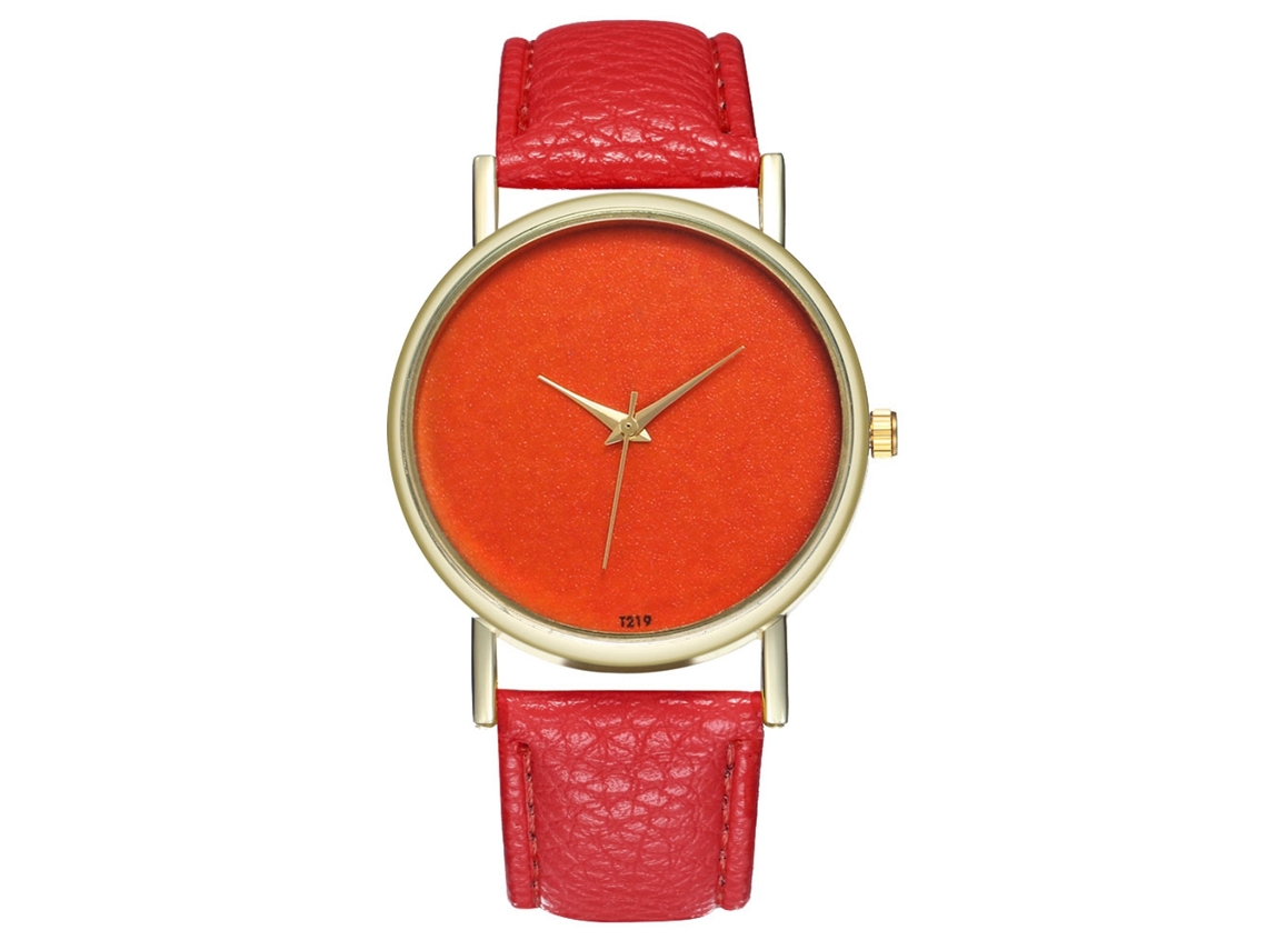 Relógio feminino casual de quartzo com mostrador laranja e pulseira de couro vermelha.