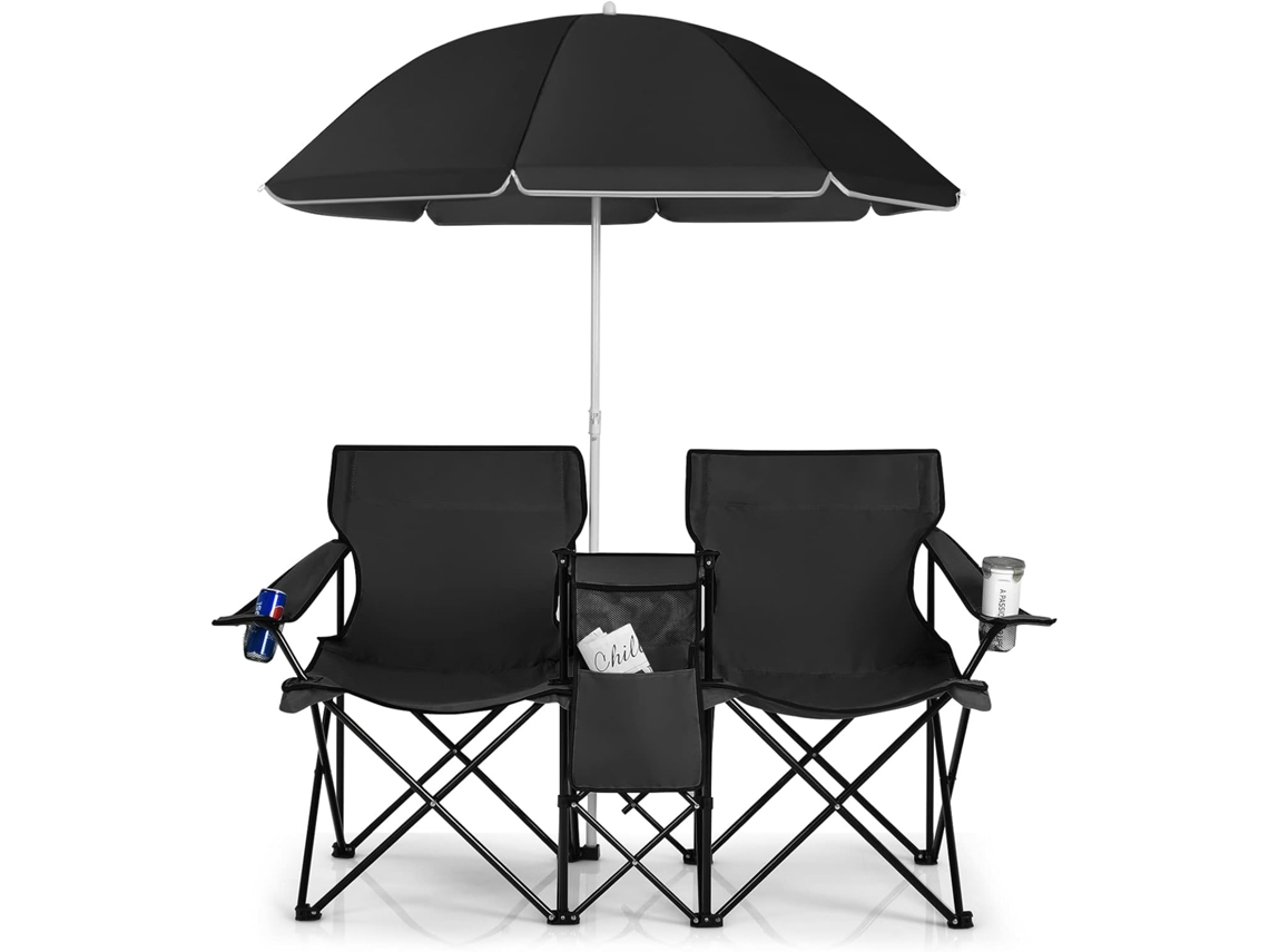 Cadeiras de Campismo com Guarda-Sol Cadeira Dobrável Banco de Pesca Duplo com Suporte para Copos para Piquenique Ao Ar Livre COSTWAY