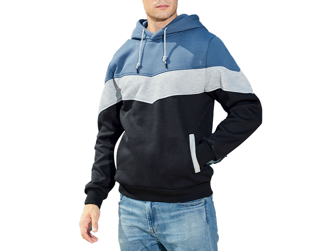Moletom com Capuz de Blocos de Cor para Homem com Bolsos e Cordão Manga Longa Azul Jeans M